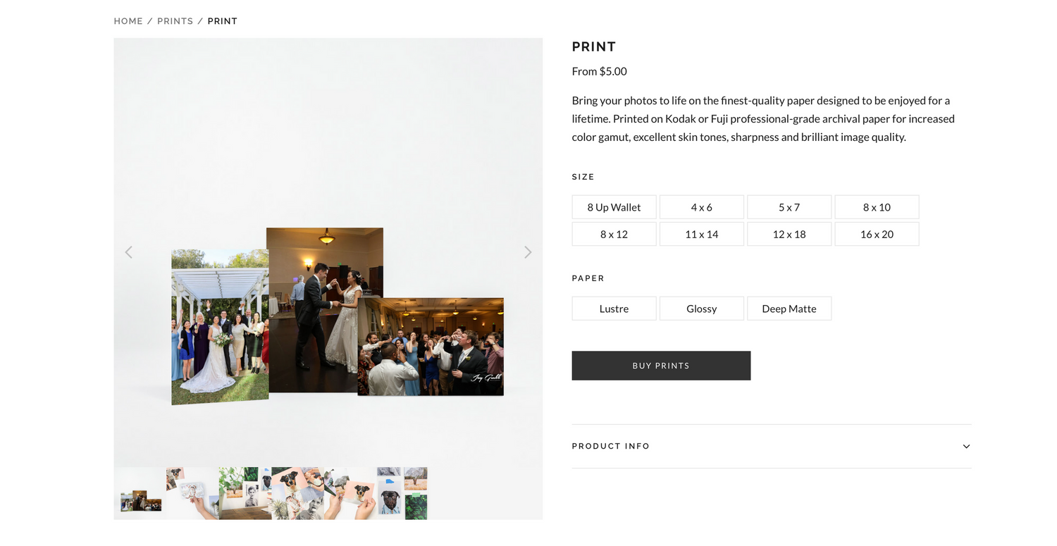 Wedding photo gallery pricing page displaying package options and sample images.