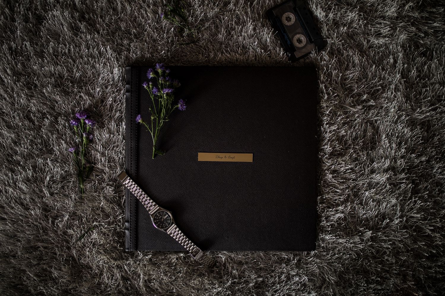 A clean, Minimal leather, engraved Wedding album at From Memory Studios, Bengaluru, India