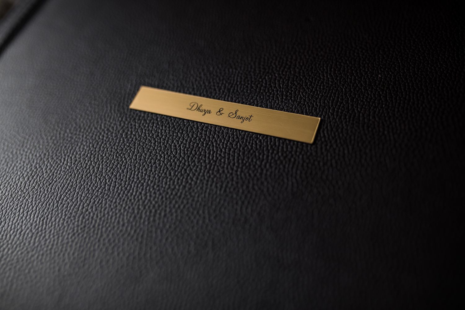A clean, Minimal leather, engraved Wedding album at From Memory Studios, Bengaluru, India