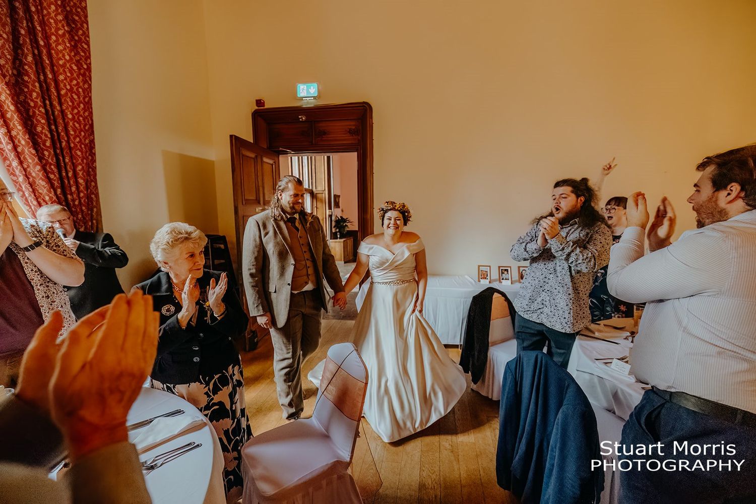 bride and groom introduced to their wedding guests in the ruthin hall banqueting room. Stuart Morris Photography