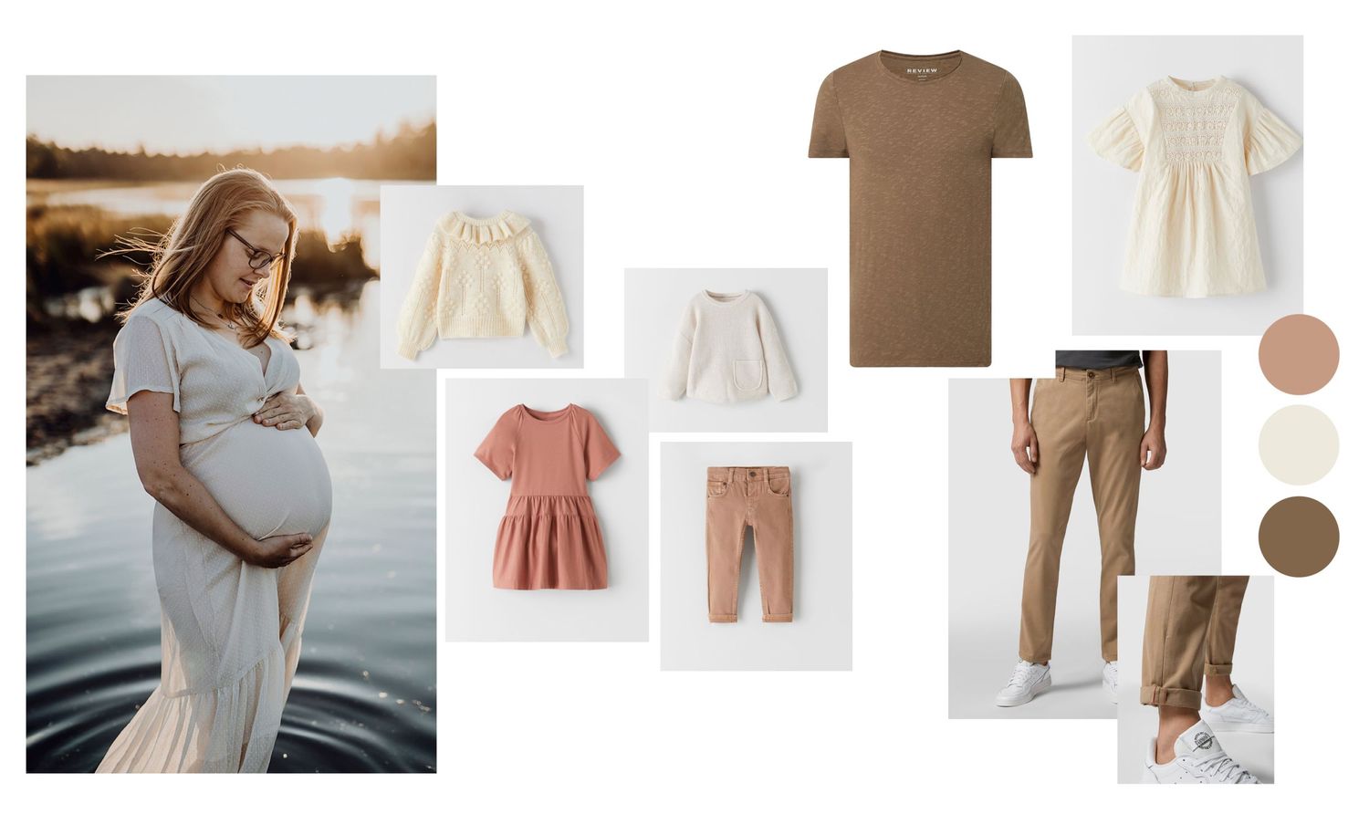 Neutral earth tone clothing mood board with maternity photo and casual family fashion pieces.