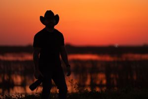 Silhouette of person in cowboy hat standing against orange sunset over wetlands.