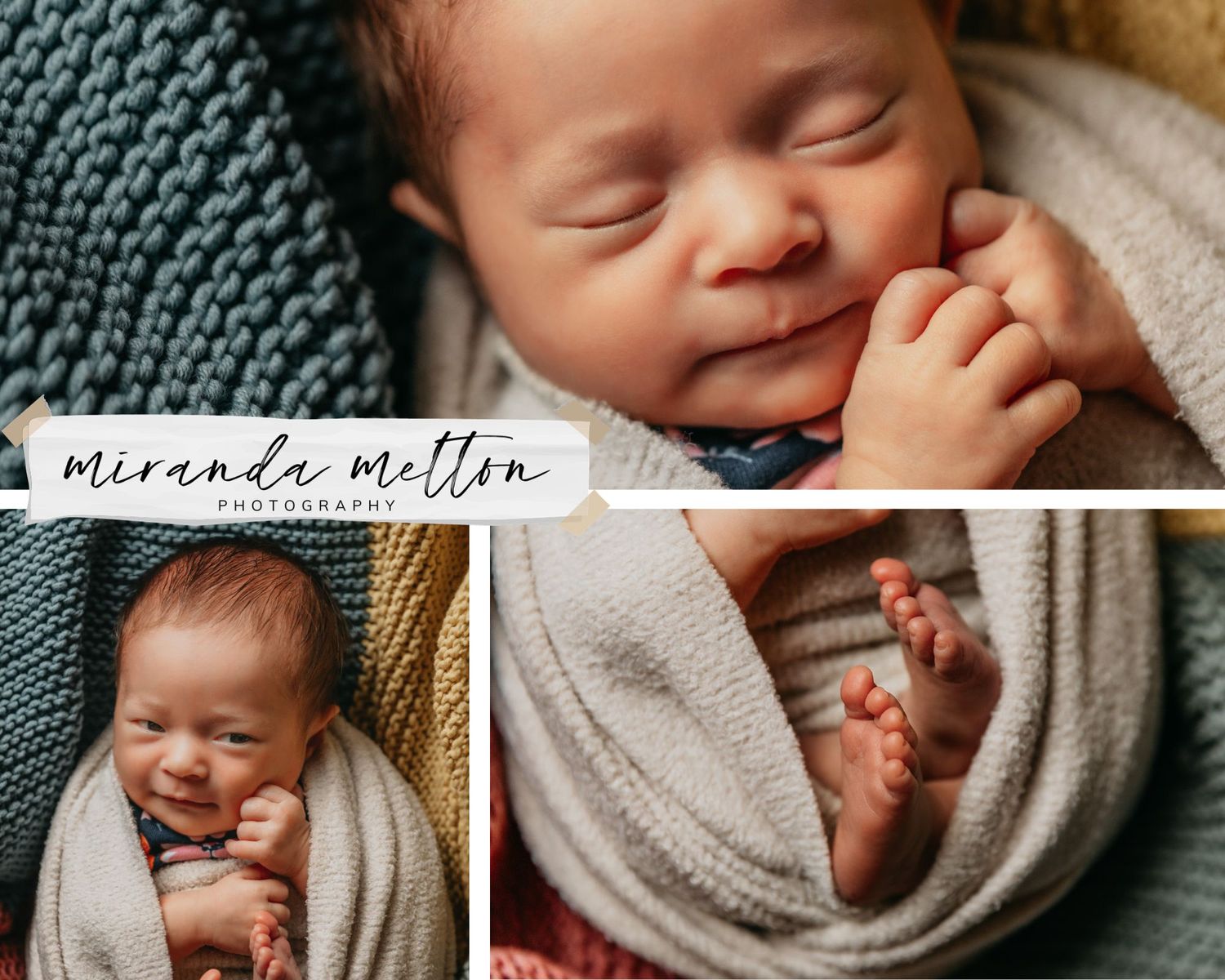 Collage of 3 photos of a newborn baby cuddled snugly in a blanket displays a concept for family photo ideas in the Twin Cities