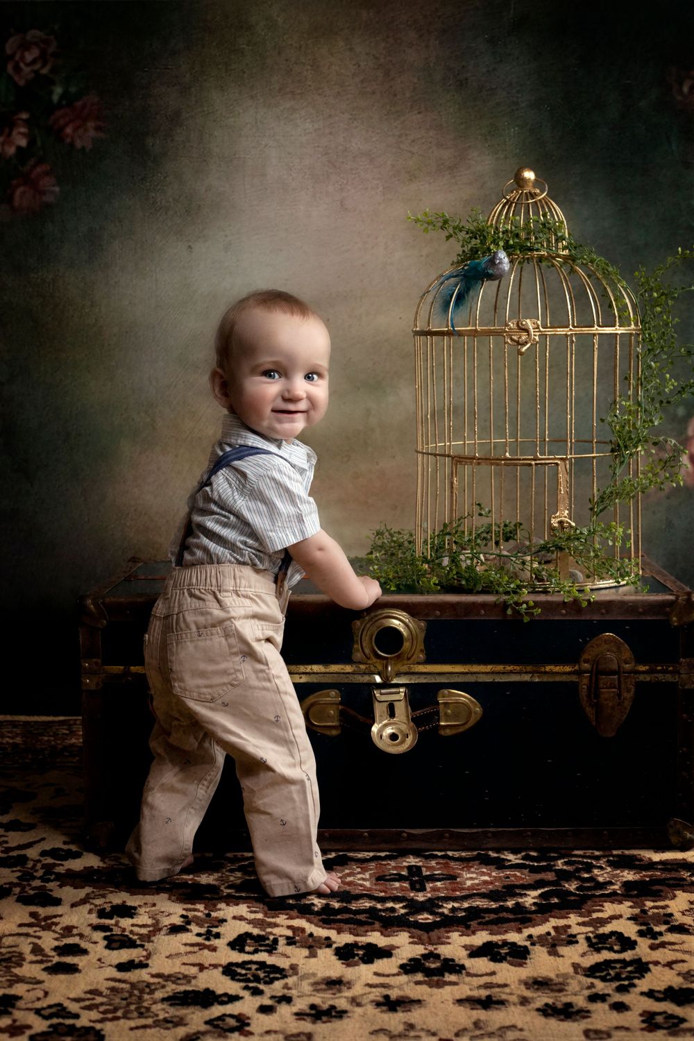 Vintage-style portrait with a decorative birdcage and patterned carpet in warm tones.