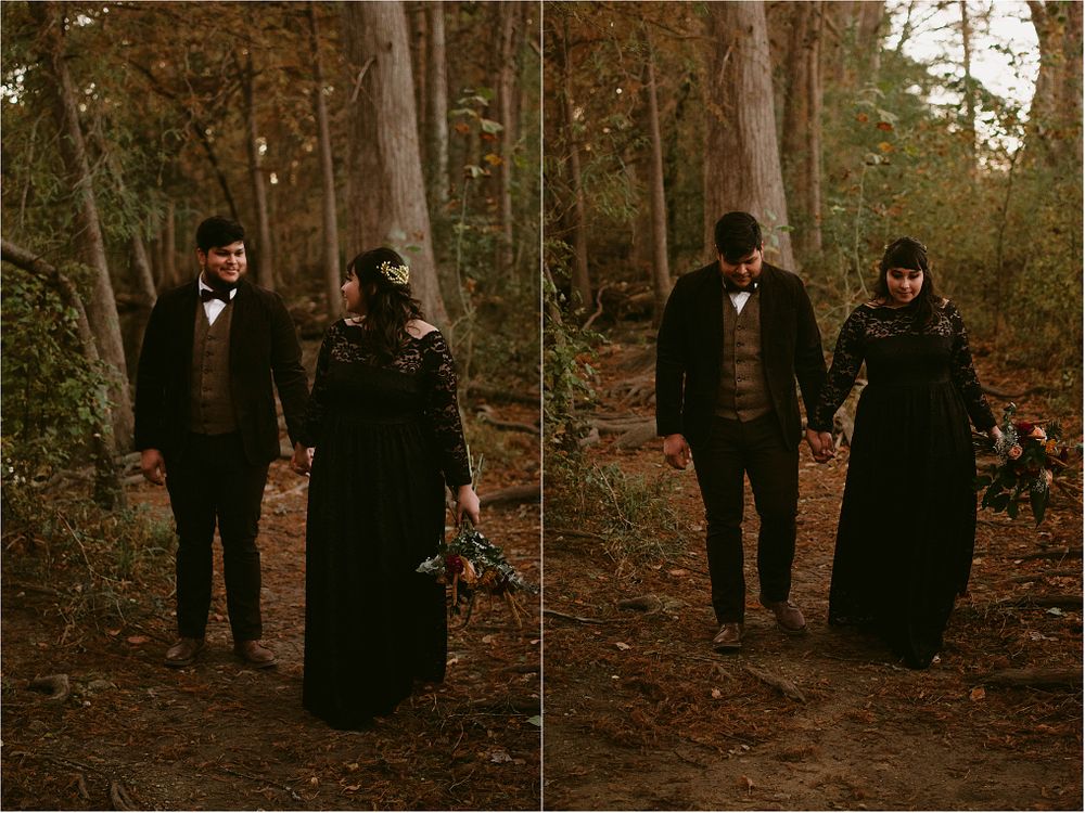 Side-by-side photos of a couple in dark formal wear walking through an autumn forest.