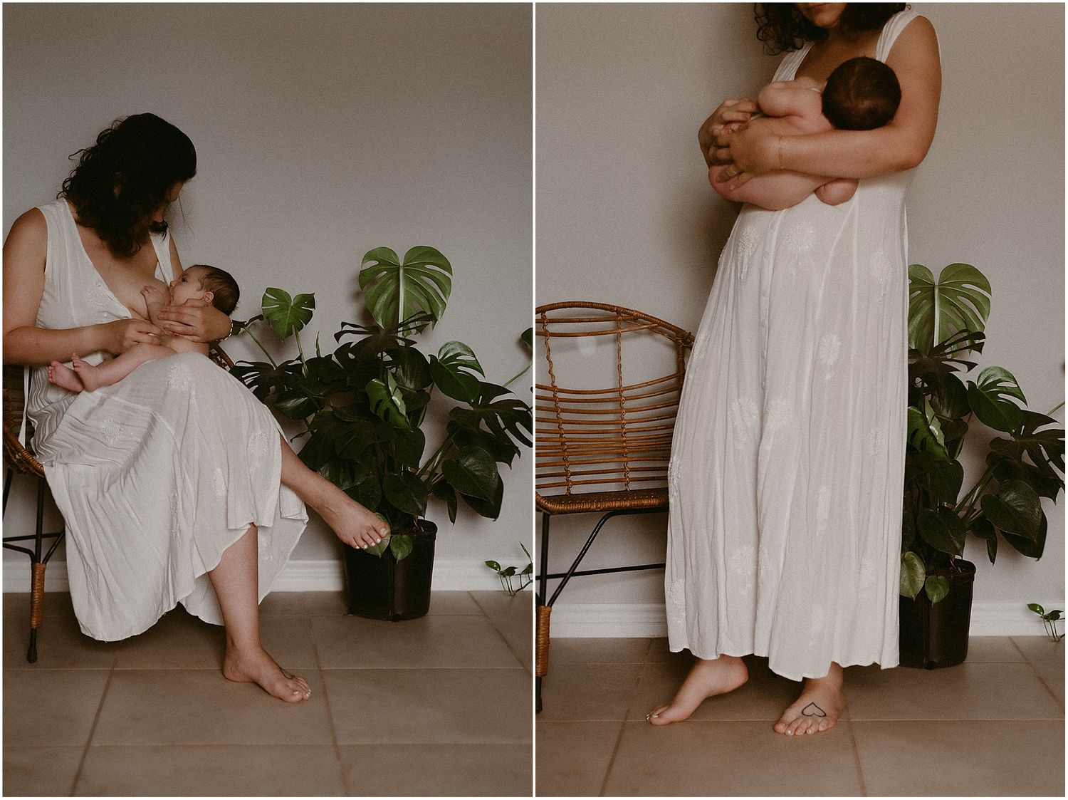 White cotton dress and indoor plants create a peaceful domestic scene.