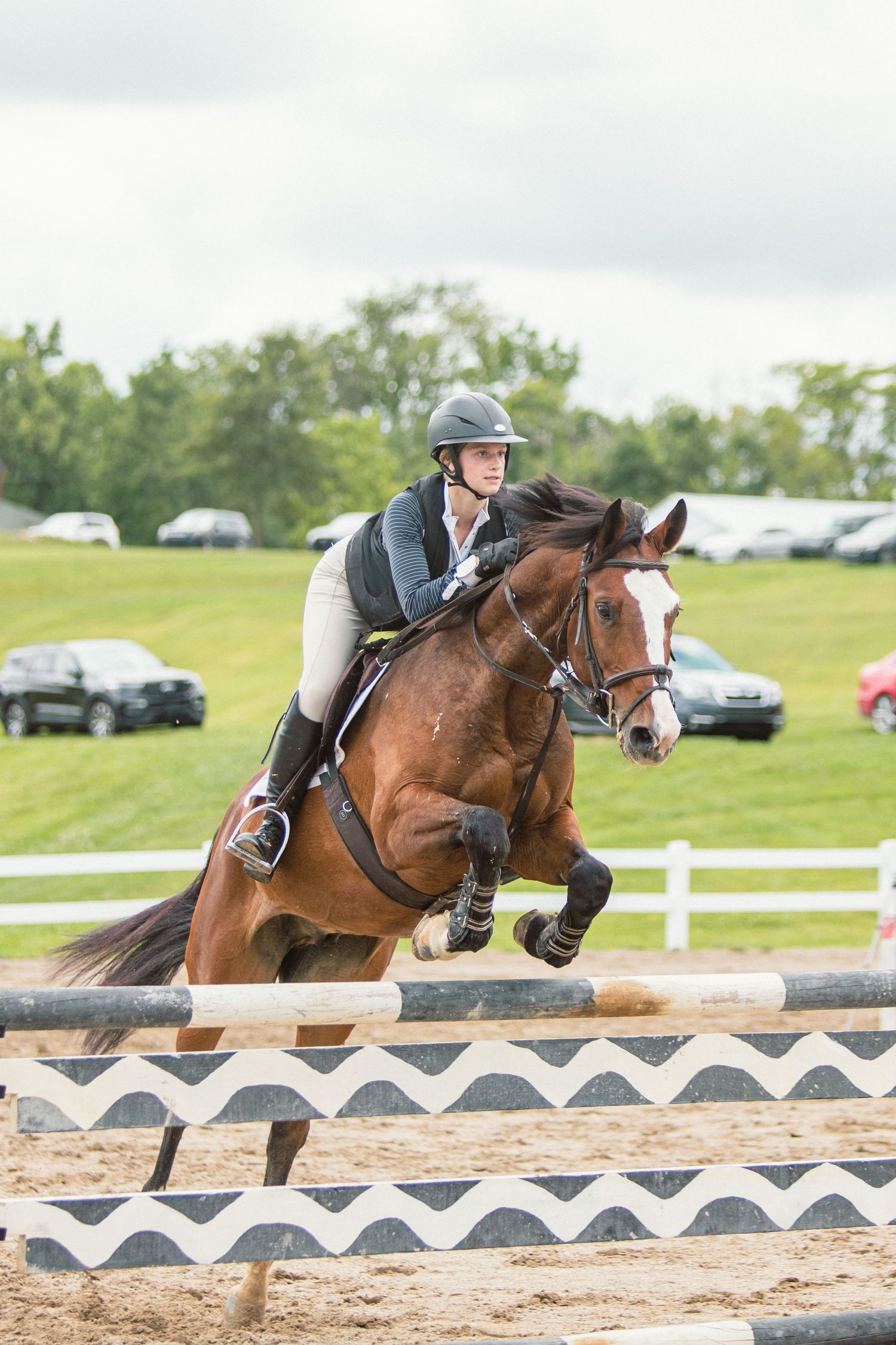 Horse and rider clearing a chevron-patterned jump in competition.