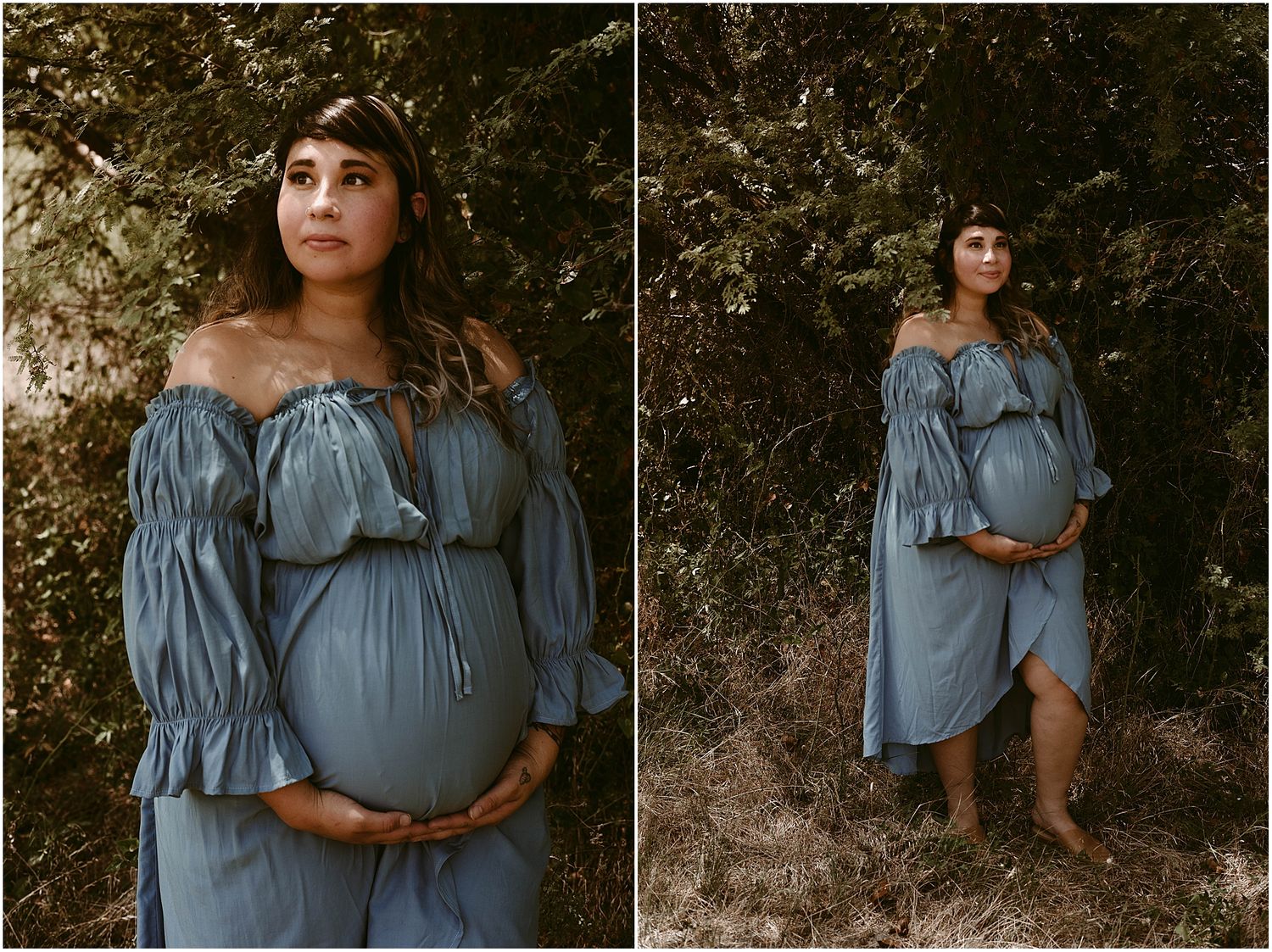 Split-frame maternity portrait showing close-up and full-length poses in blue dress.