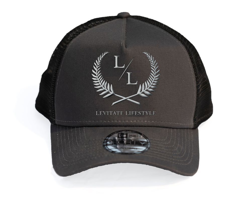 Black and grey trucker hat with LL logo and laurel wreath design.