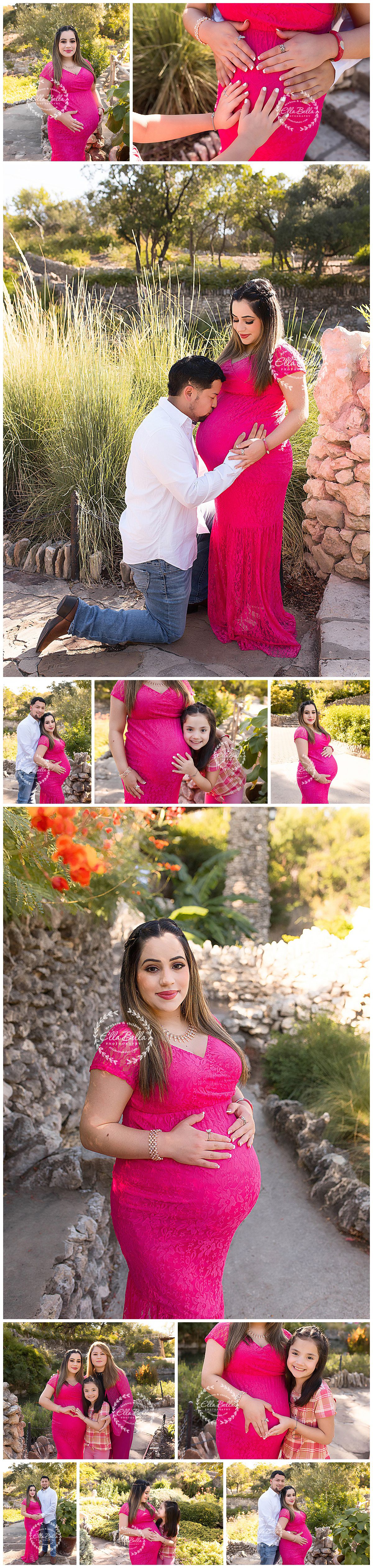 Maternity photoshoot featuring couple in pink lace dress and white shirt amid natural garden setting.