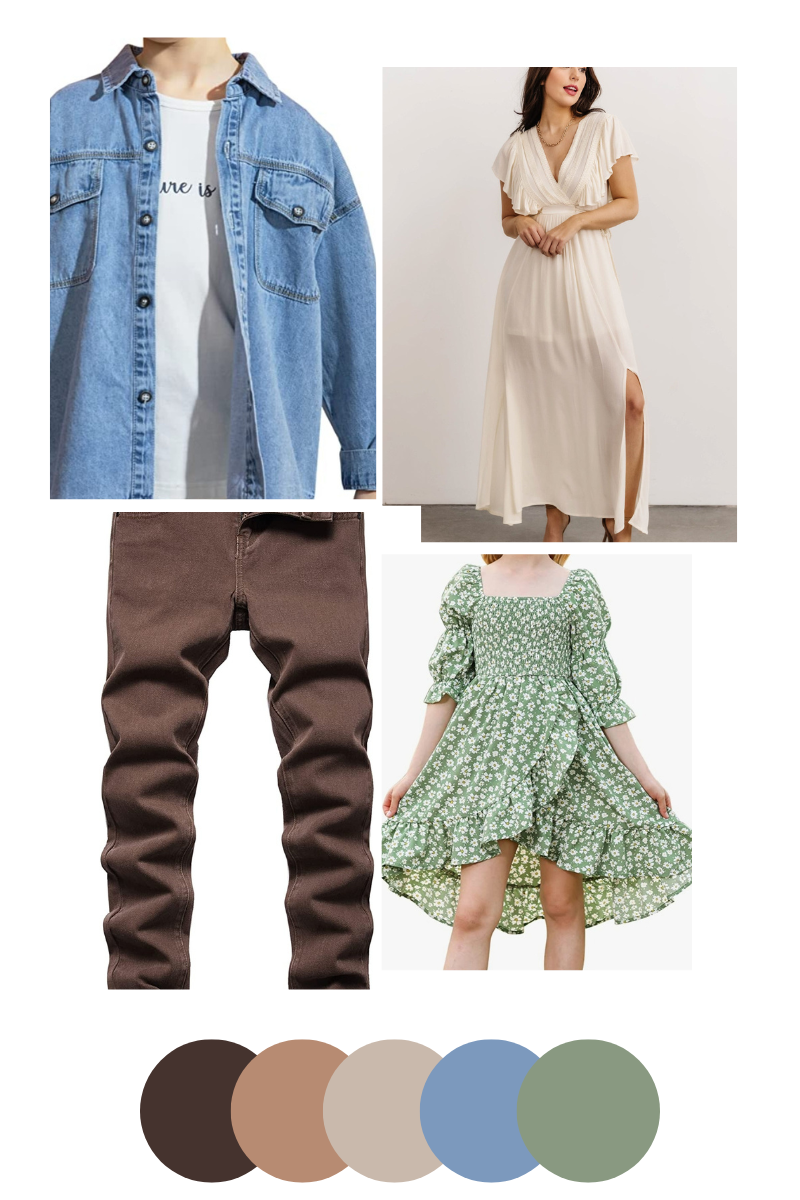 Fashion color palette with denim, dresses and earth tones for coordinated outfits.