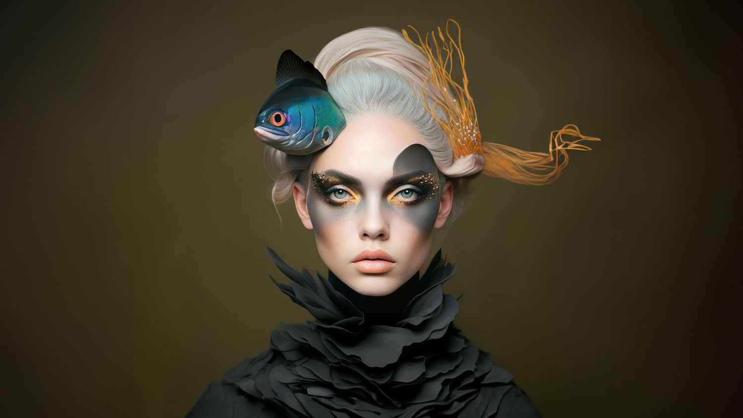 Artistic fashion portrait with blue bird and feather hair accessories against dark background.