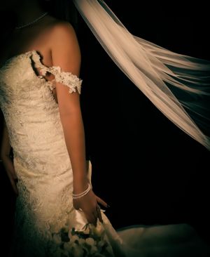 Artistic silhouette of bride's dress and veil creates dramatic wedding portrait.