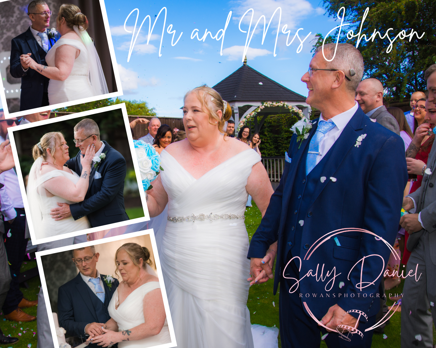 Wedding photo collage showing newlyweds in emotional moments during their outdoor ceremony.