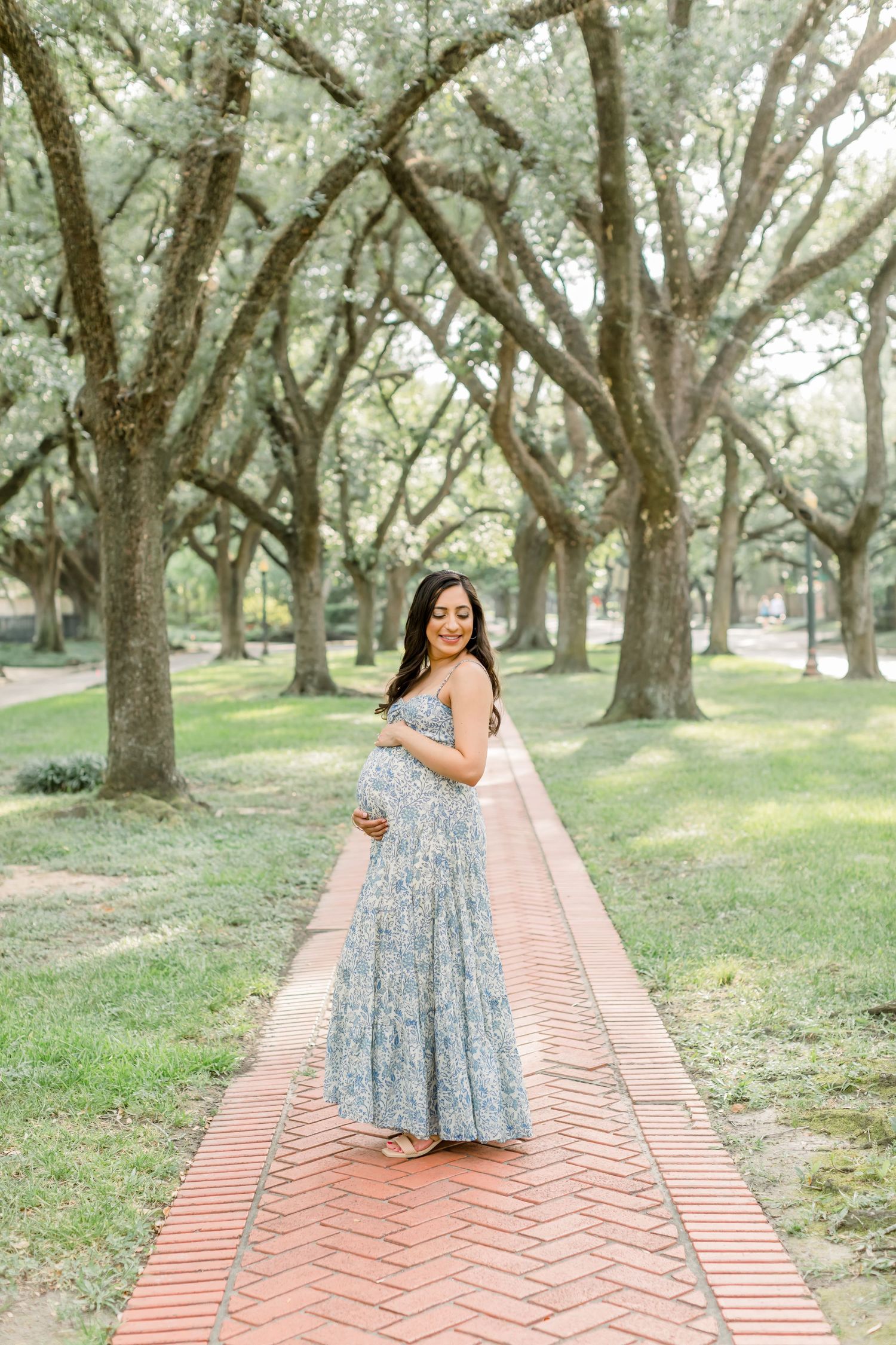 A maternity photo taken on a brick path surrounded by majestic oak trees in a park setting.