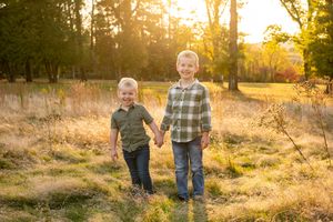 Two young brothers holding hands walking through golden sunlit autumn field.