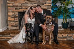 Newlywed couple in wedding attire sitting with two dogs by a stone fireplace on their wedding day.