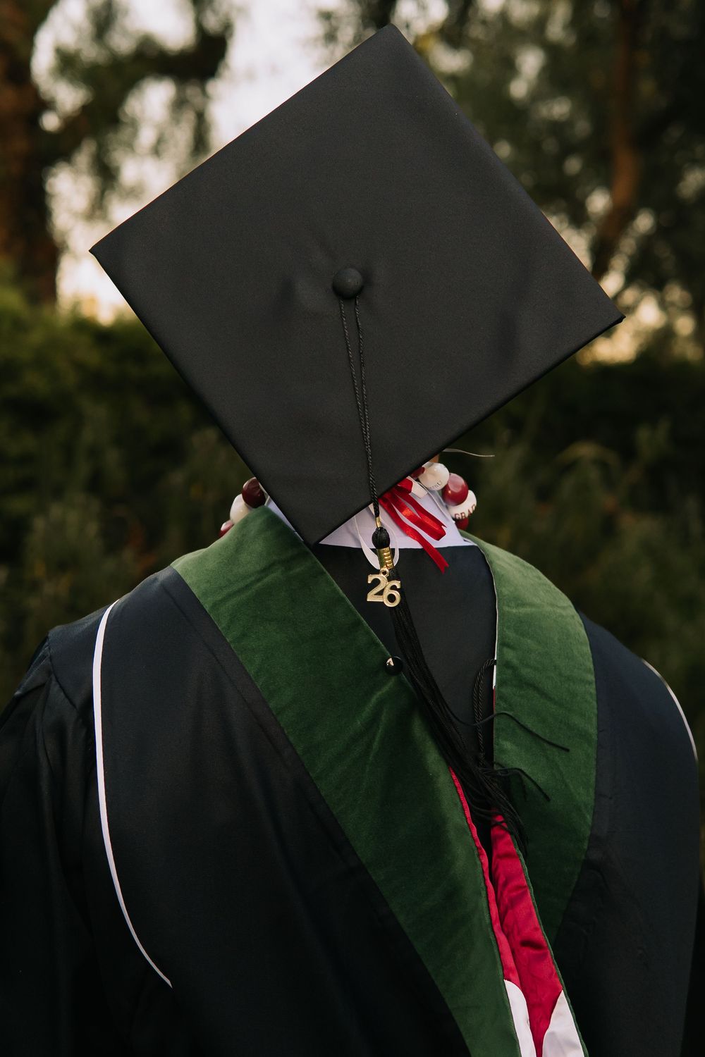 Back view of graduate wearing black cap and gown with green hood and red stole, with number 26 charm on tassel.