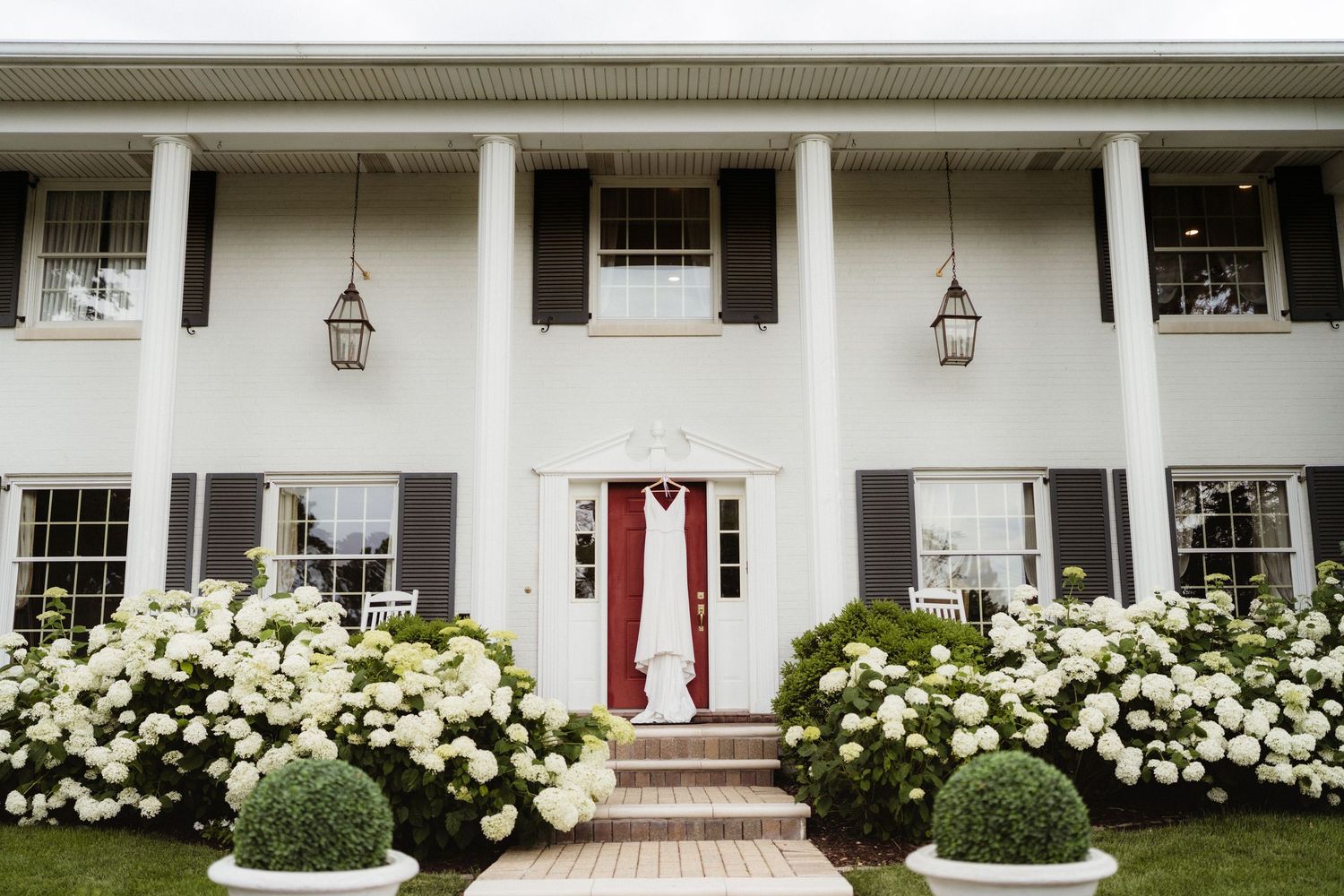 White colonial home with grand columns, black shutters, and lush white hydrangea bushes framing a red-accented front entrance.