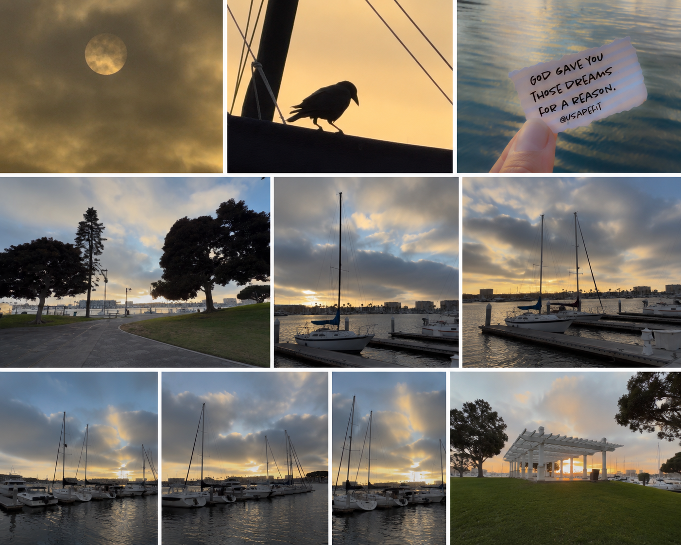 Collage of serene marina and harbor scenes at dusk with sailboats, dramatic cloudy skies, a crow silhouette, and a handwritten note.
