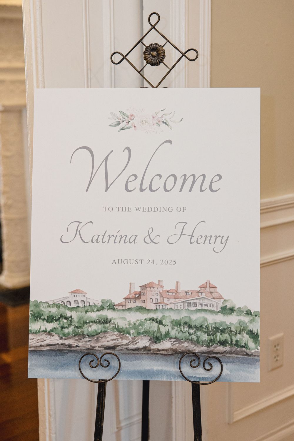 Welcome sign for Katrina and Henry wedding on August 24 2025 OceanCliff Hotel in Newport, Rhode Island.