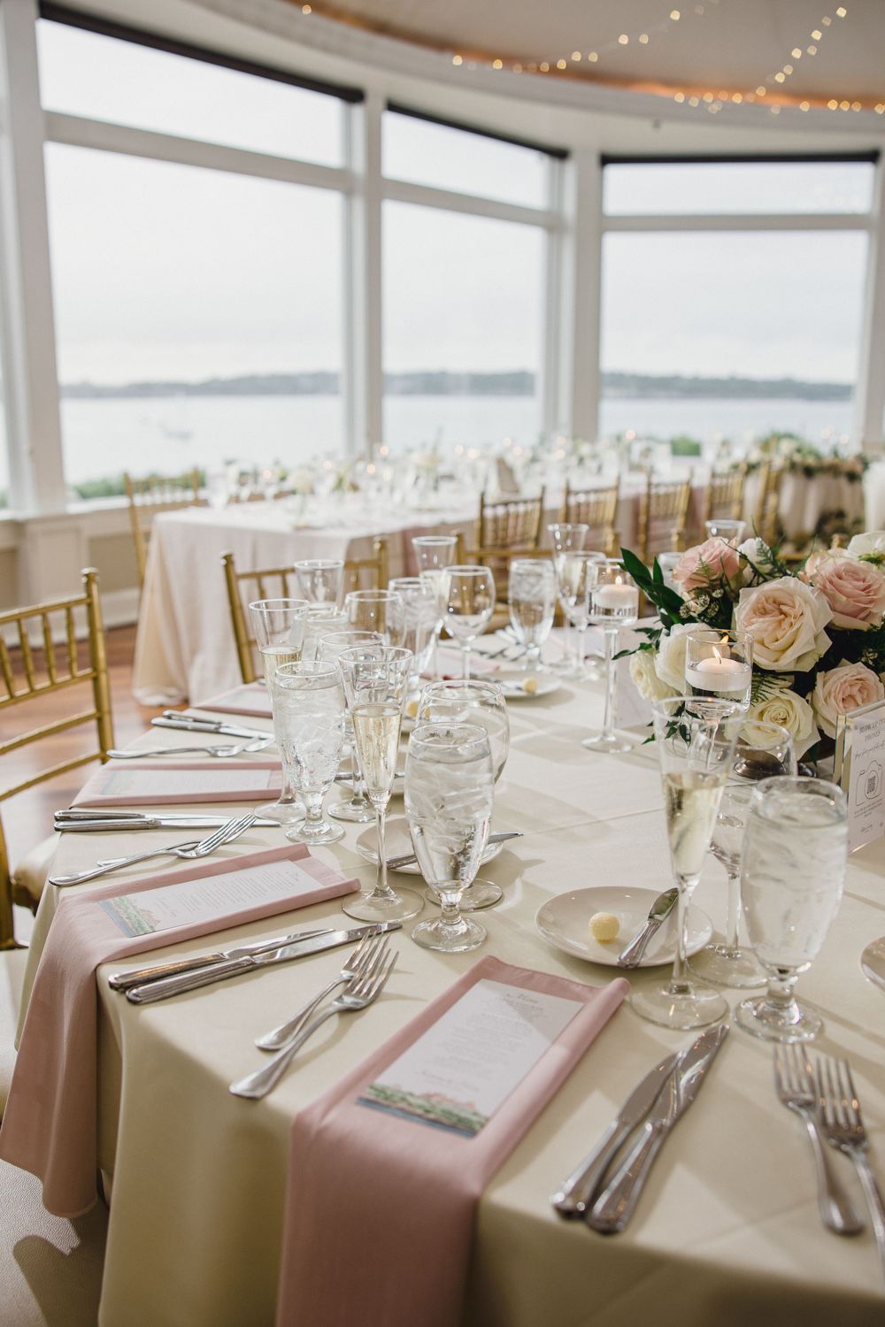 Wedding reception table set OceanCliff Hotel in Newport, Rhode Island.