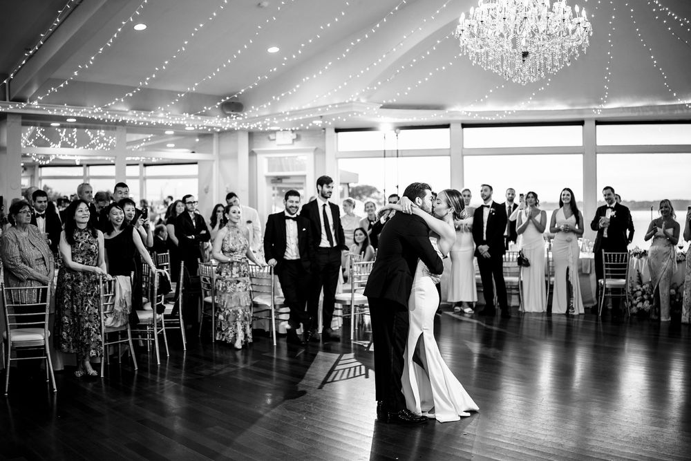 Black and white photo of a couple sharing their first dance OceanCliff Hotel in Newport, Rhode Island.