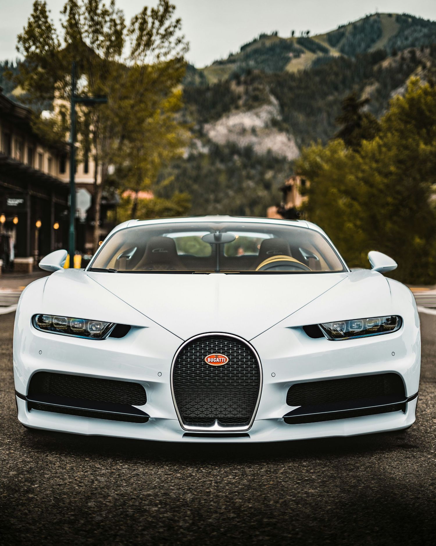 White Bugatti Chiron supercar photographed head-on with mountain backdrop in scenic outdoor setting.