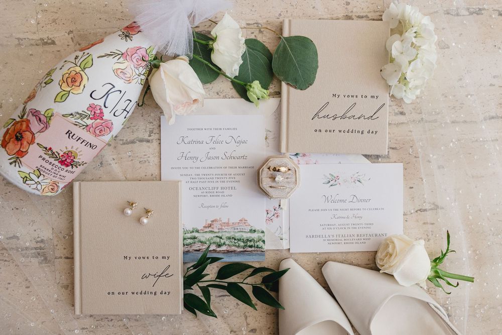 Elegant wedding stationery suite with floral details, Ocean cliff wedding Newport RI
