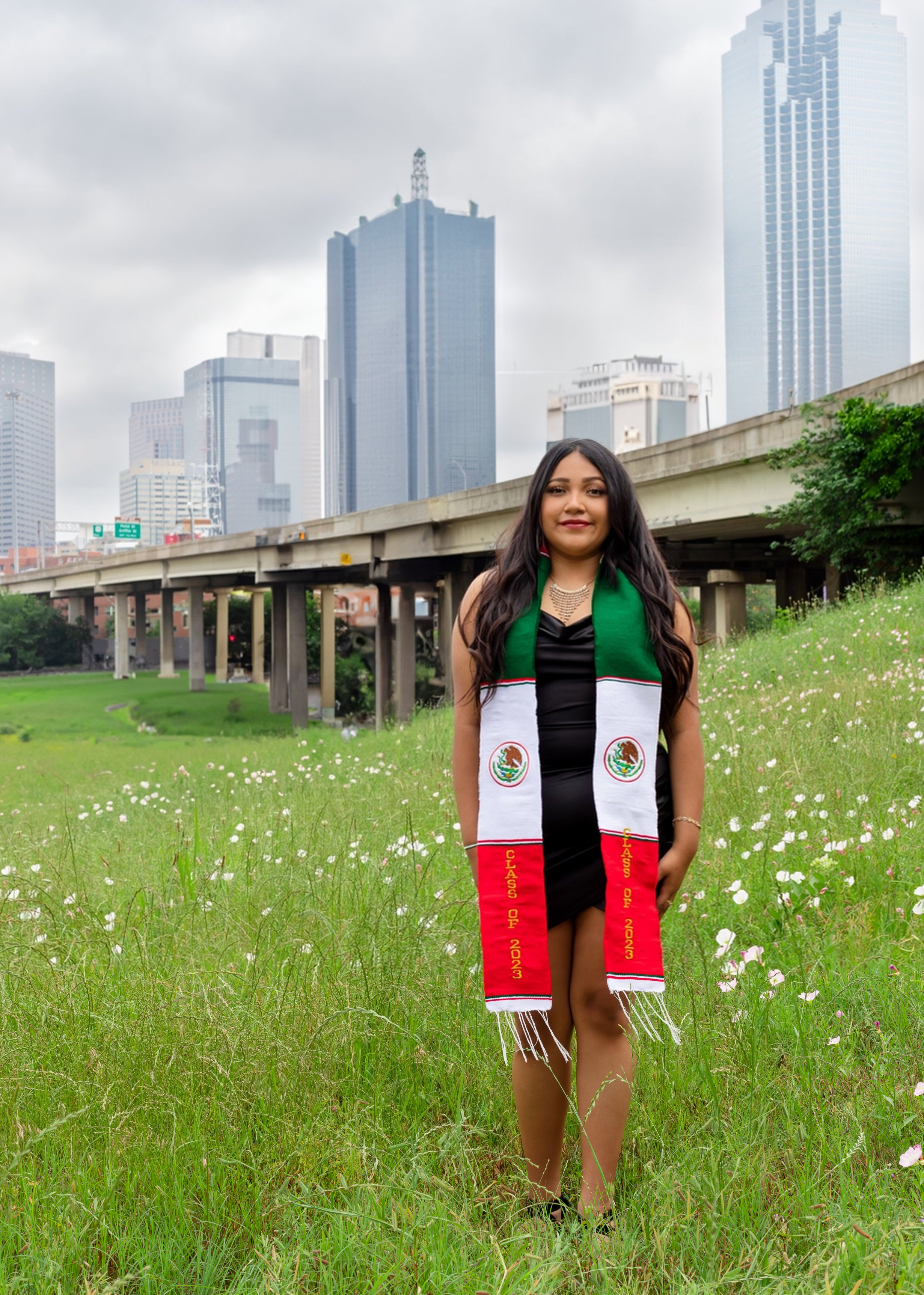 Graduate wearing Class of 2025 stole posing in a wildflower field with the Dallas skyline and bridge in the background.