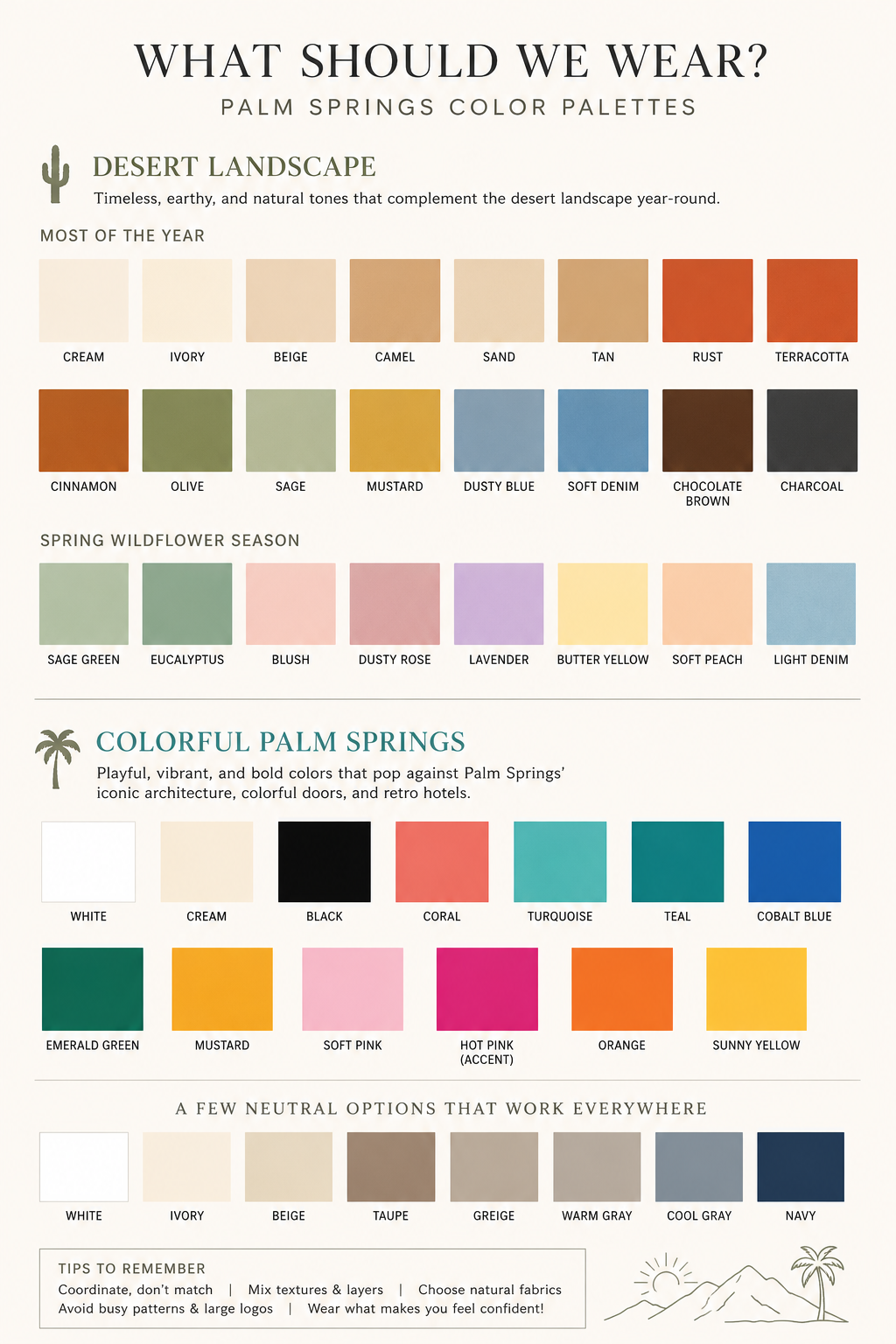 Palm Springs color palette guide featuring desert landscape, spring wildflower, and colorful Palm Springs themed swatches.