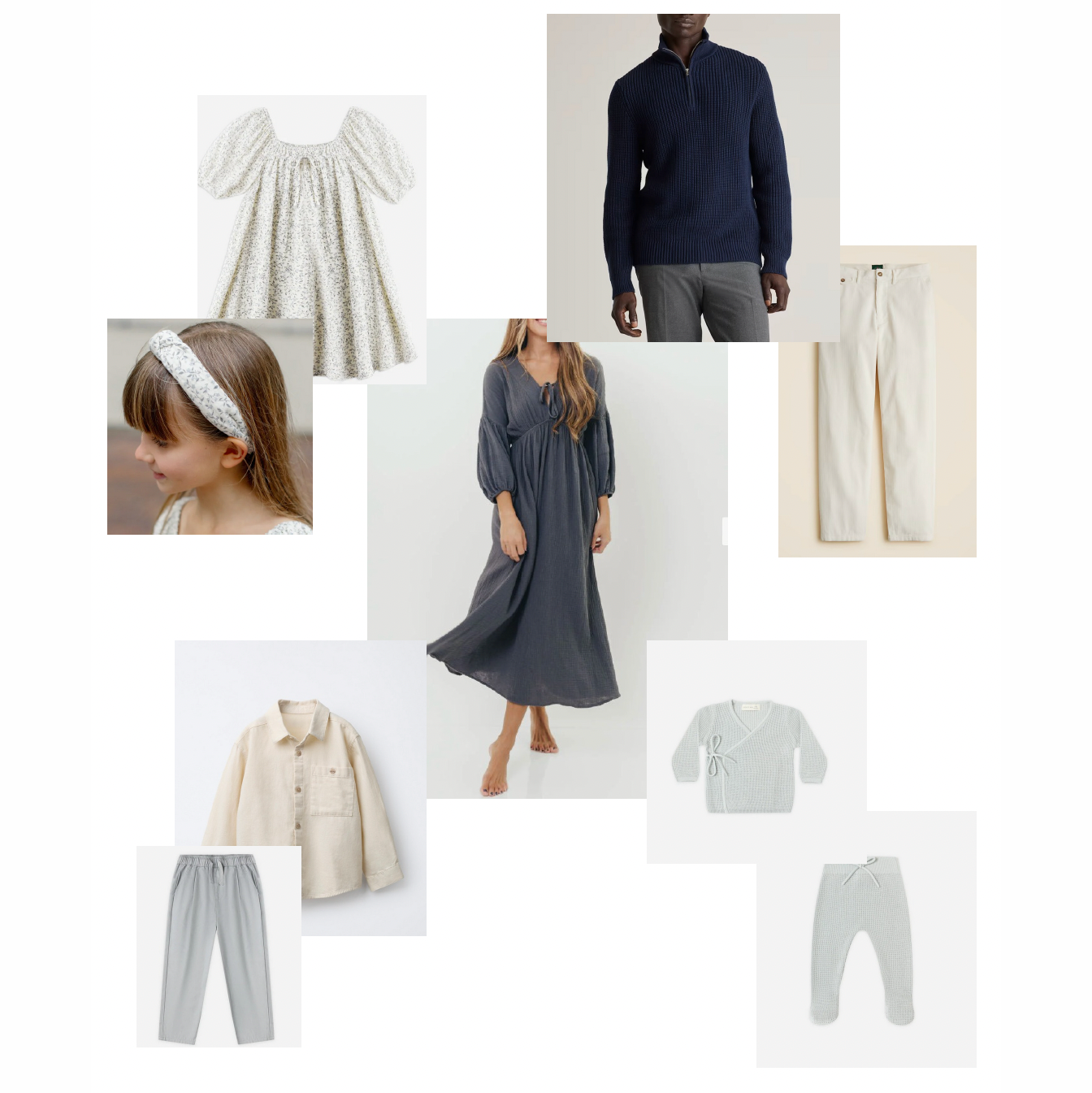 Neutral family outfit collection featuring floral dress, navy sweater, maxi dress, cream jacket, and coordinating separates.