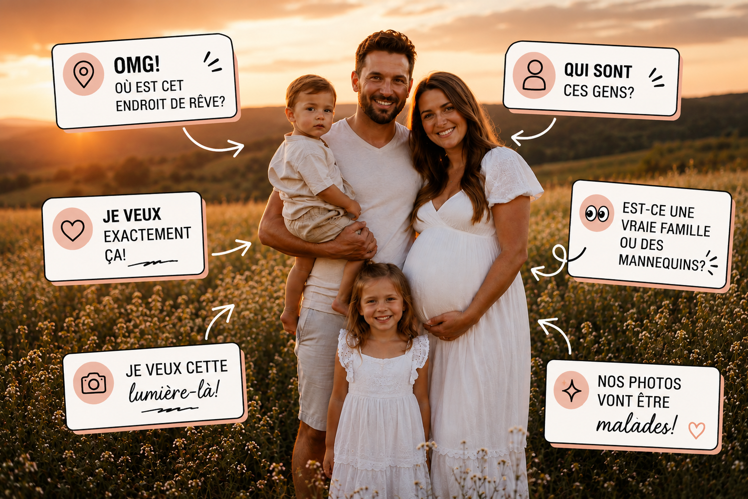 Happy pregnant family posing in golden flower field at sunset with French text overlays about photography.