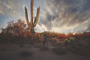 Person standing beside a tall saguaro cactus in a desert landscape under a dramatic cloudy sunset sky.