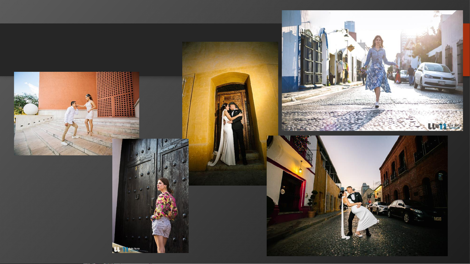 Collage of outdoor wedding and lifestyle photography featuring couples and individuals in colorful urban colonial settings.