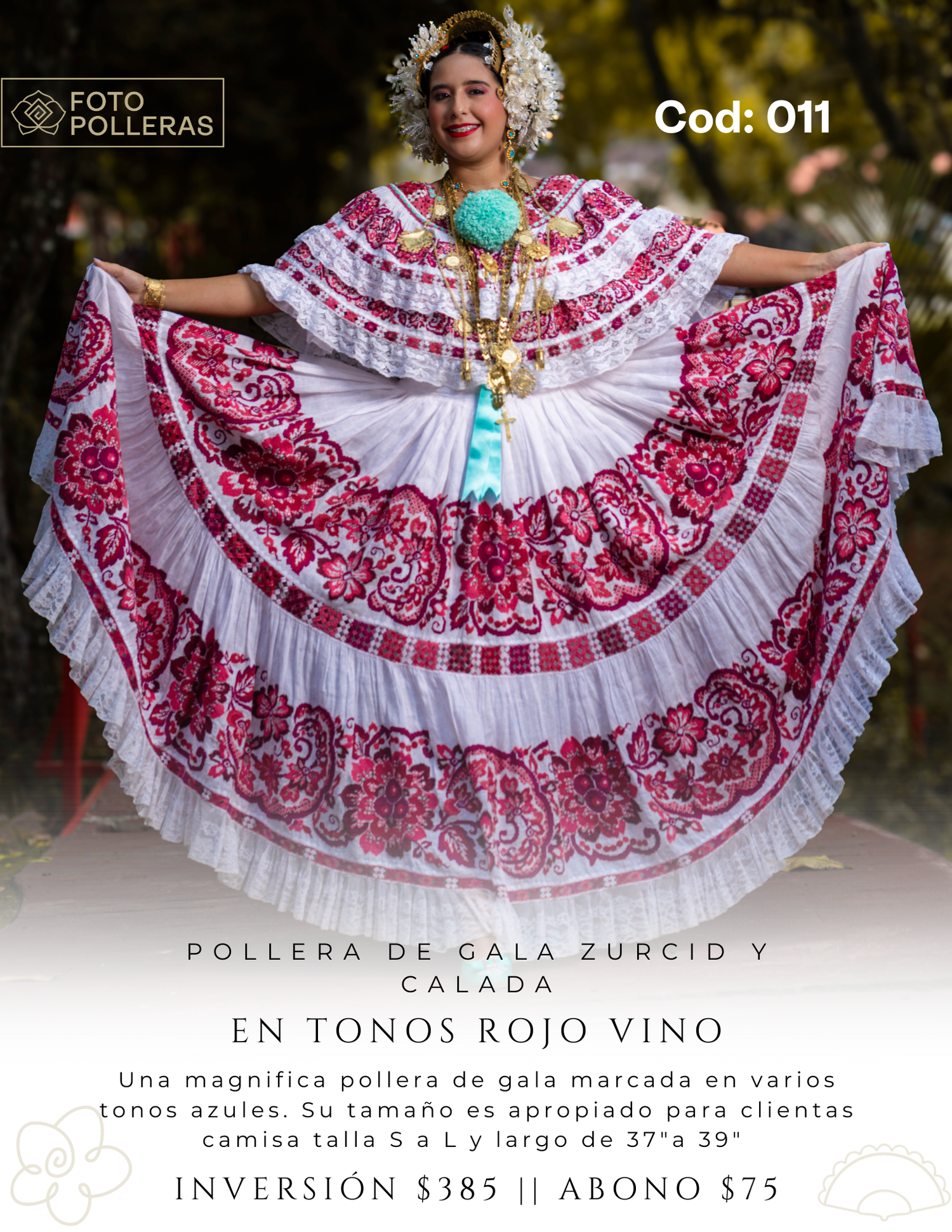 Mujer mostrando el vuelo de la pollera de gala durante sesión fotográfica tradicional