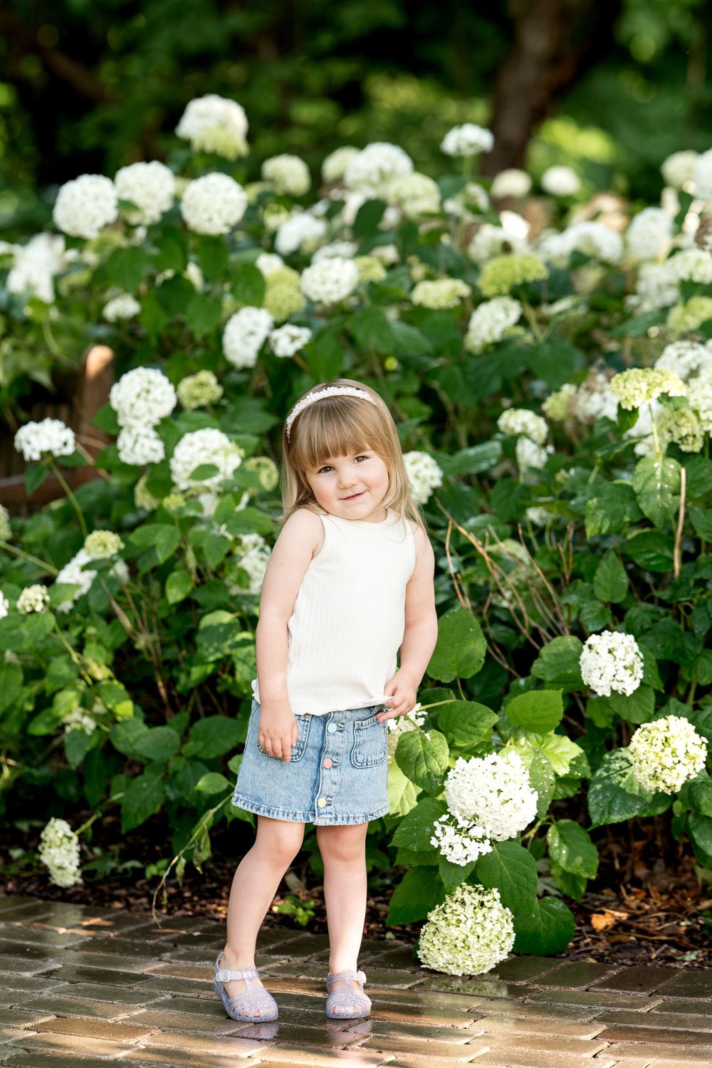 Adorable little girl in white top and denim skirt smiling in front of white hydrangea blooms in a garden.