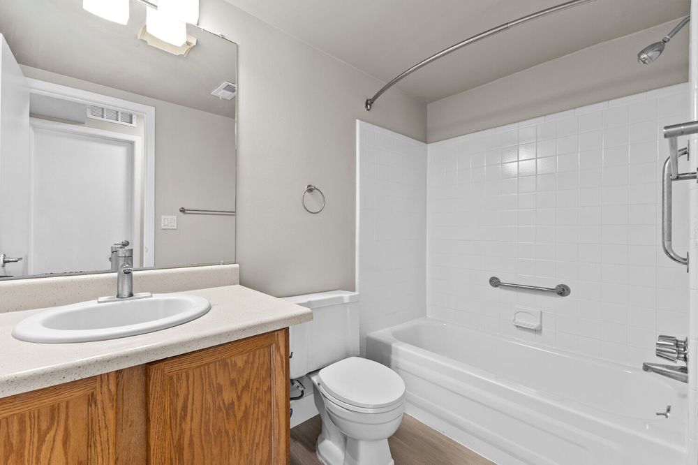Full bathroom featuring wood vanity, white tiled shower-tub combo with grab bars, toilet, and large mirror.