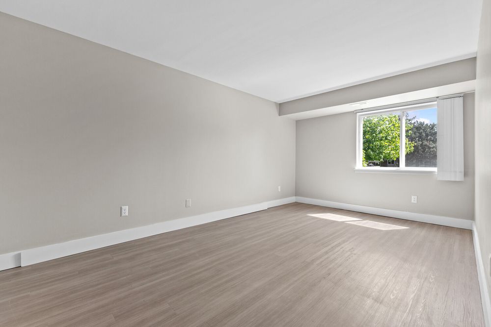 Bright empty living room with light gray walls, hardwood floors, and a window with natural light.