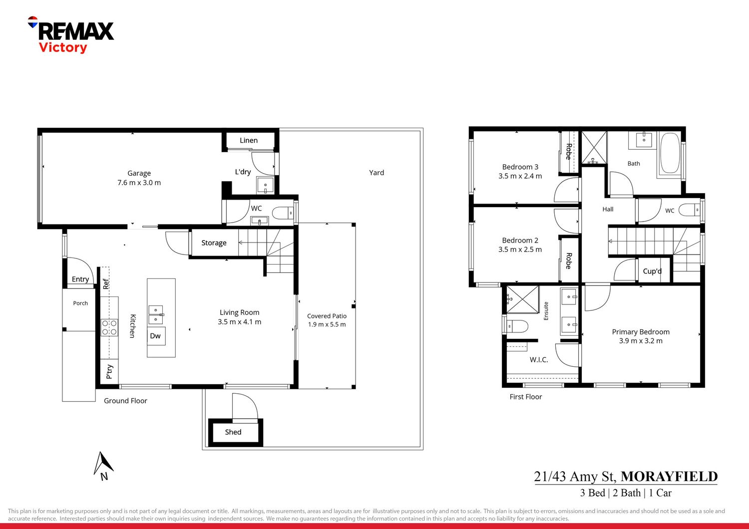 Two-storey floor plan of a 3-bed, 2-bath home at Morayfield, with garage.