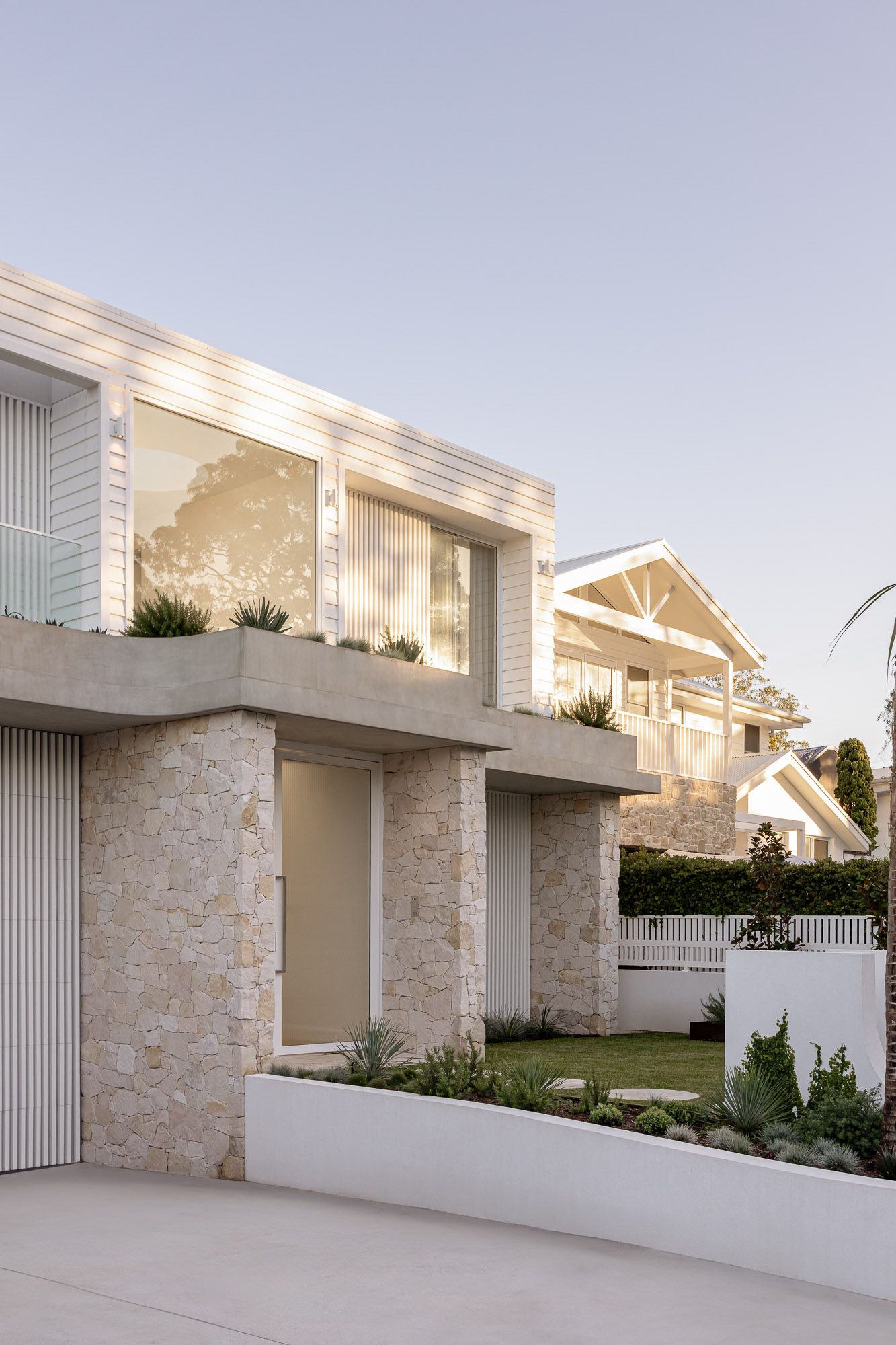 Exterior architectural photography of a new build residence at dusk, captured in Port Hacking, Sutherland Shire NSW.