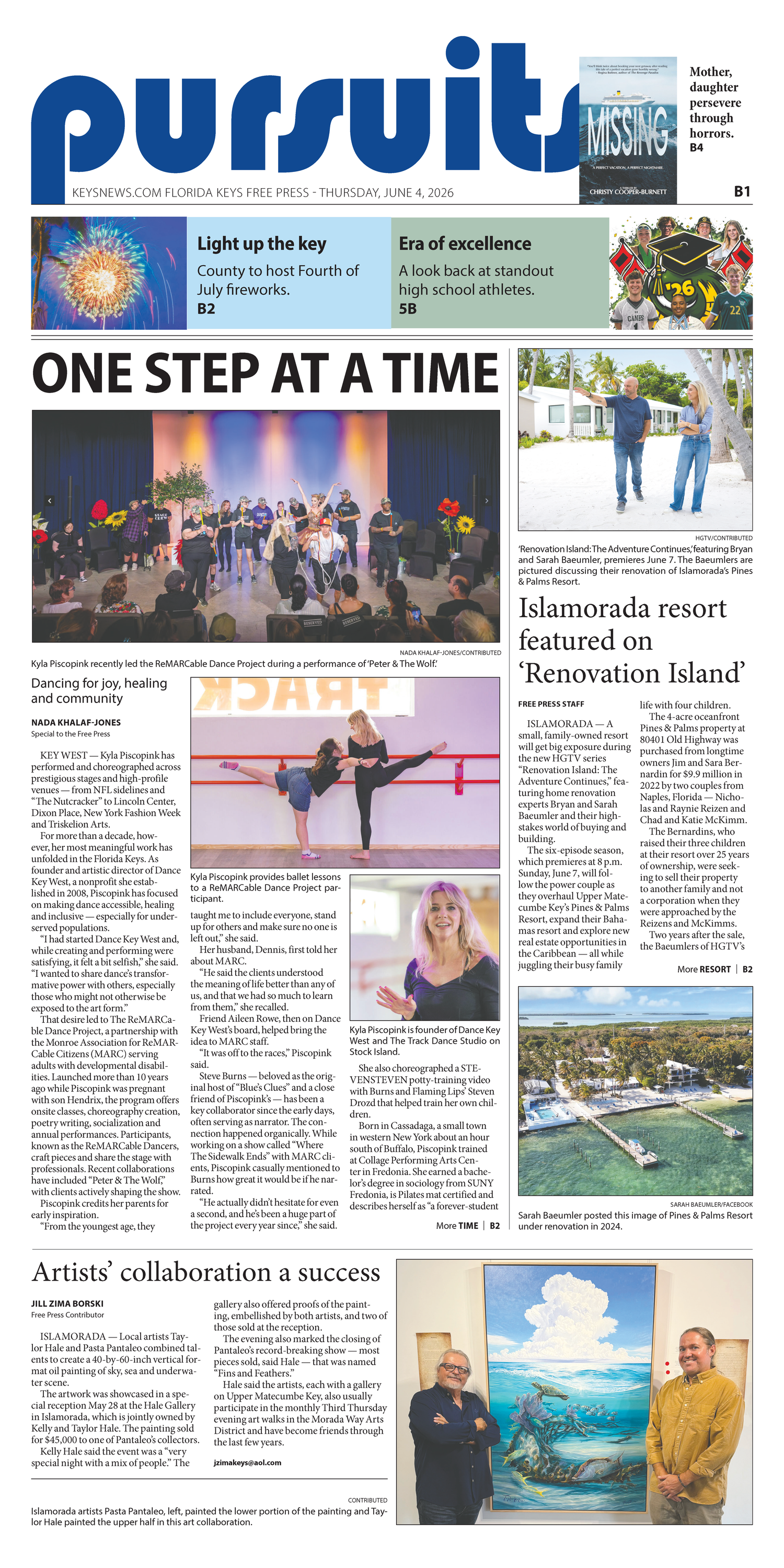 A newspaper front page featuring a resort renovation story with photos of a pool area and people dancing at an event.