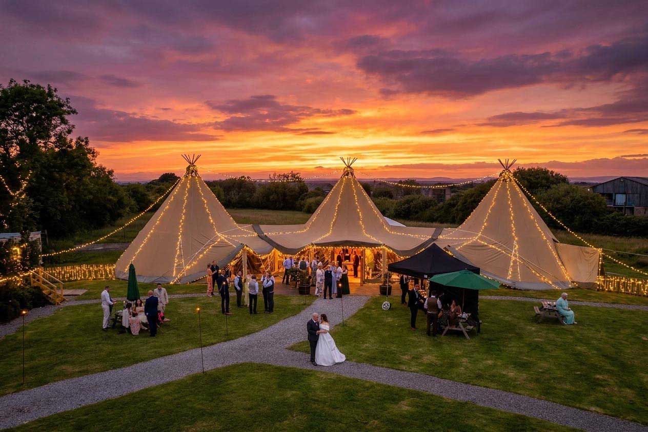 bride and groom pose for natural wedding photography at the entrance to the tipi at the den at four acre with a glorious sunset in bloom