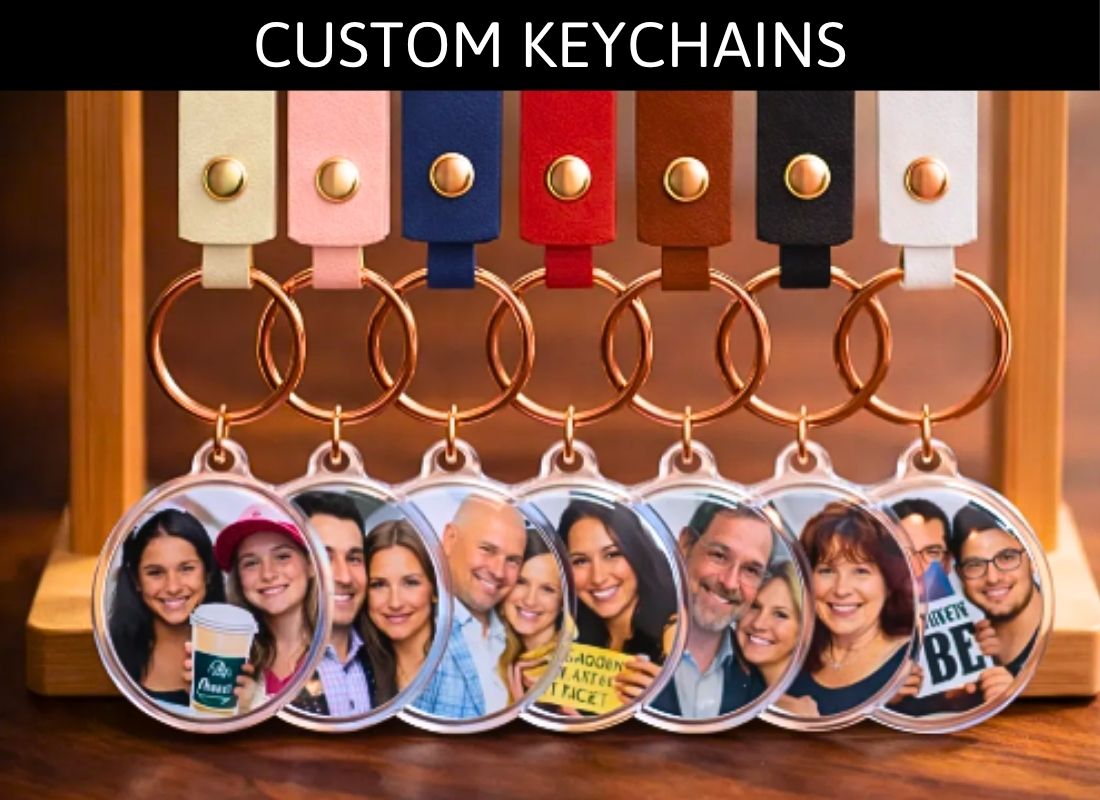 Custom photo keychains with colorful leather straps and gold rings, featuring family portrait charms on a wooden display.