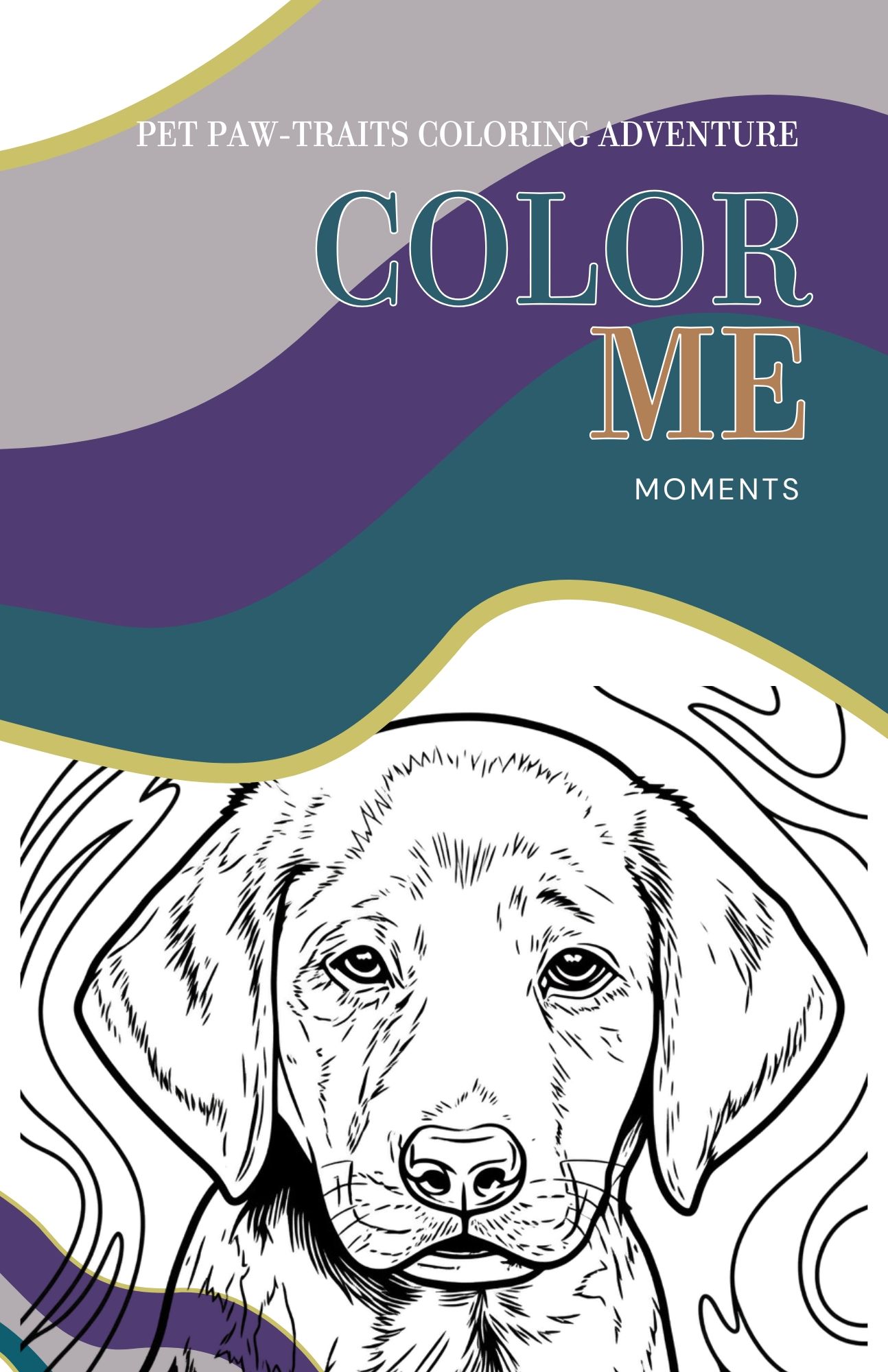 A pet coloring book cover featuring a detailed Labrador puppy illustration with purple and teal wave design elements.