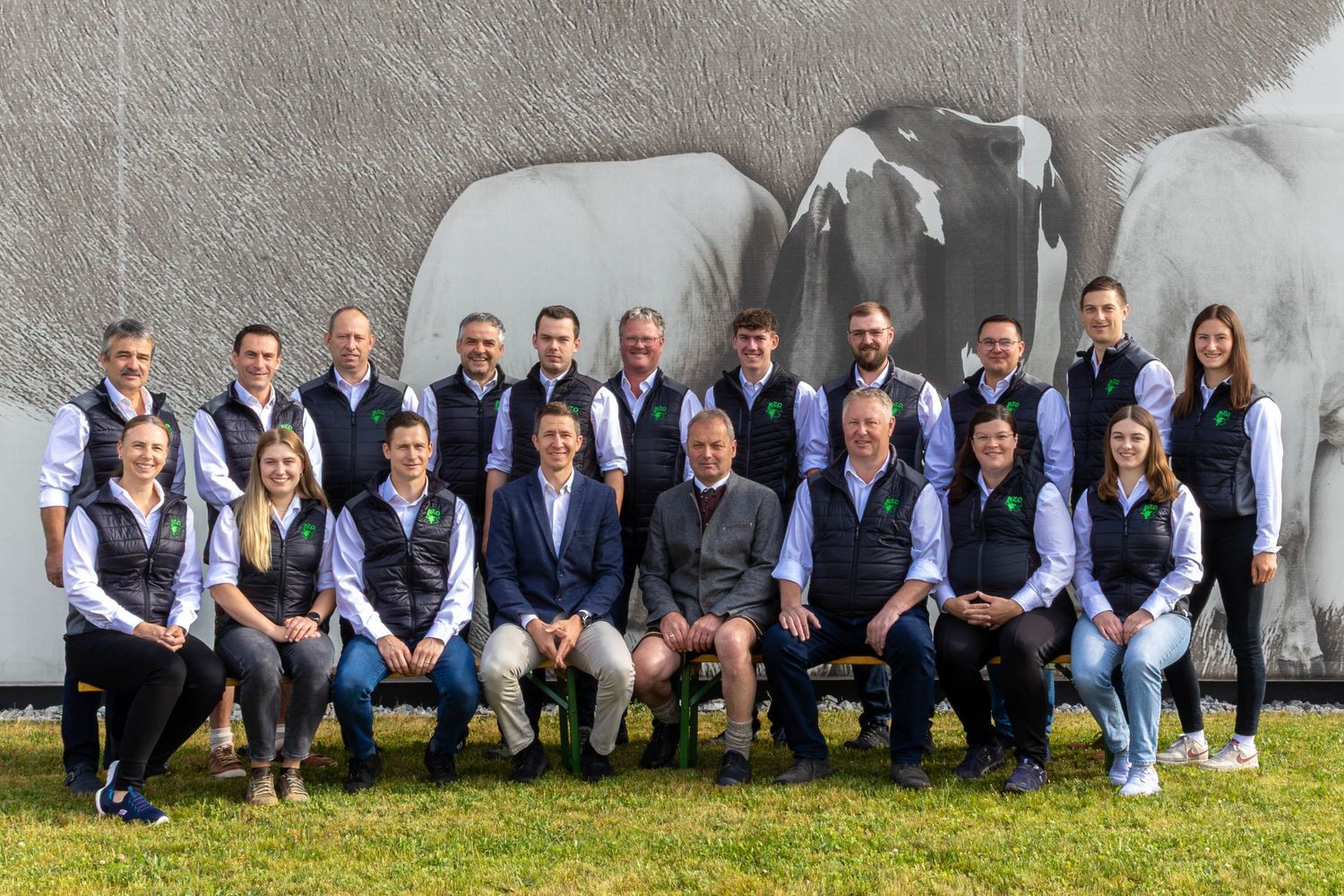 Group of professionals in matching vests posing outdoors in front of an elephant mural for a corporate team photo.