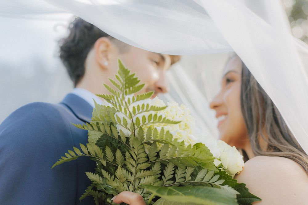 Close-up shot of a couple embracing with green ferns in the foreground creating a romantic atmosphere.