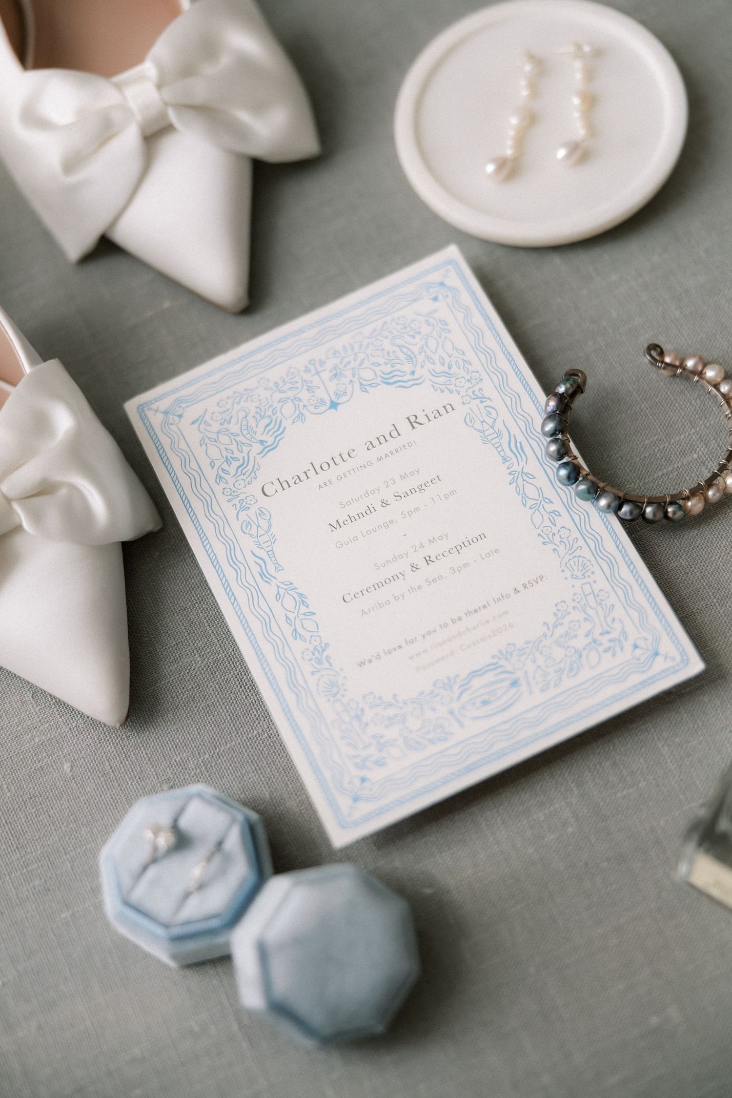 Elegant coastal wedding invitation and details styled for a destination wedding in Cascais, Portugal.