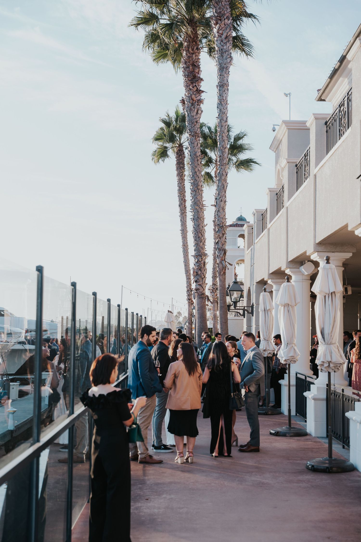Guests mingle on a sunny waterfront promenade lined with tall palm trees and white buildings during an outdoor event.