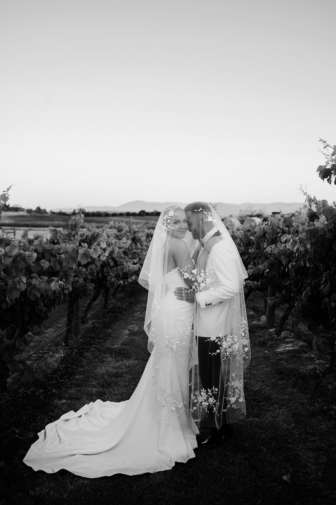 Black and white photo of bride and groom embracing in a vineyard, bride wearing lace veil and gown.